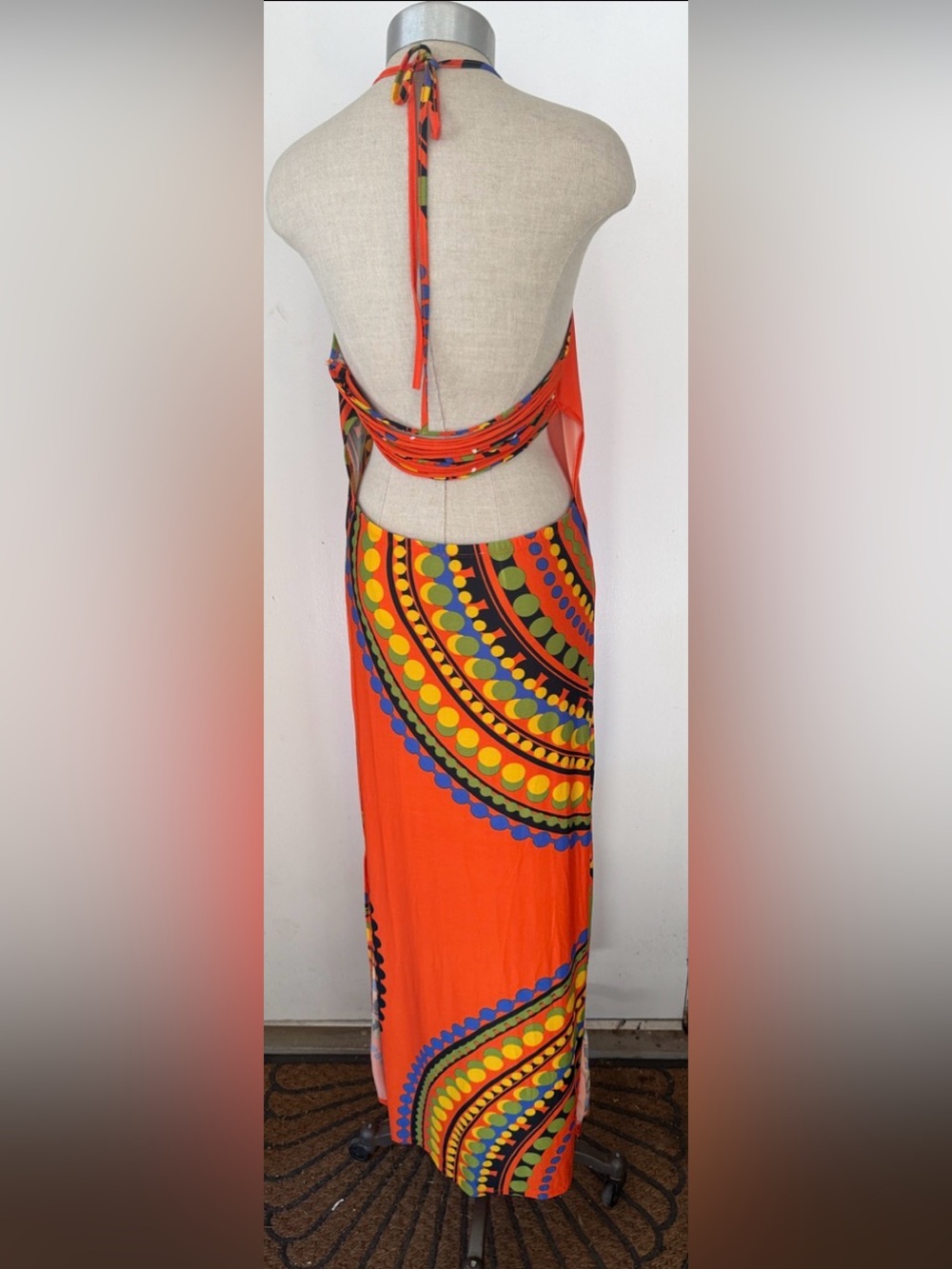 VENUS Orange Halter Maxi Dress with Multicolor Circular Print Womens M - Picture 2 of 6